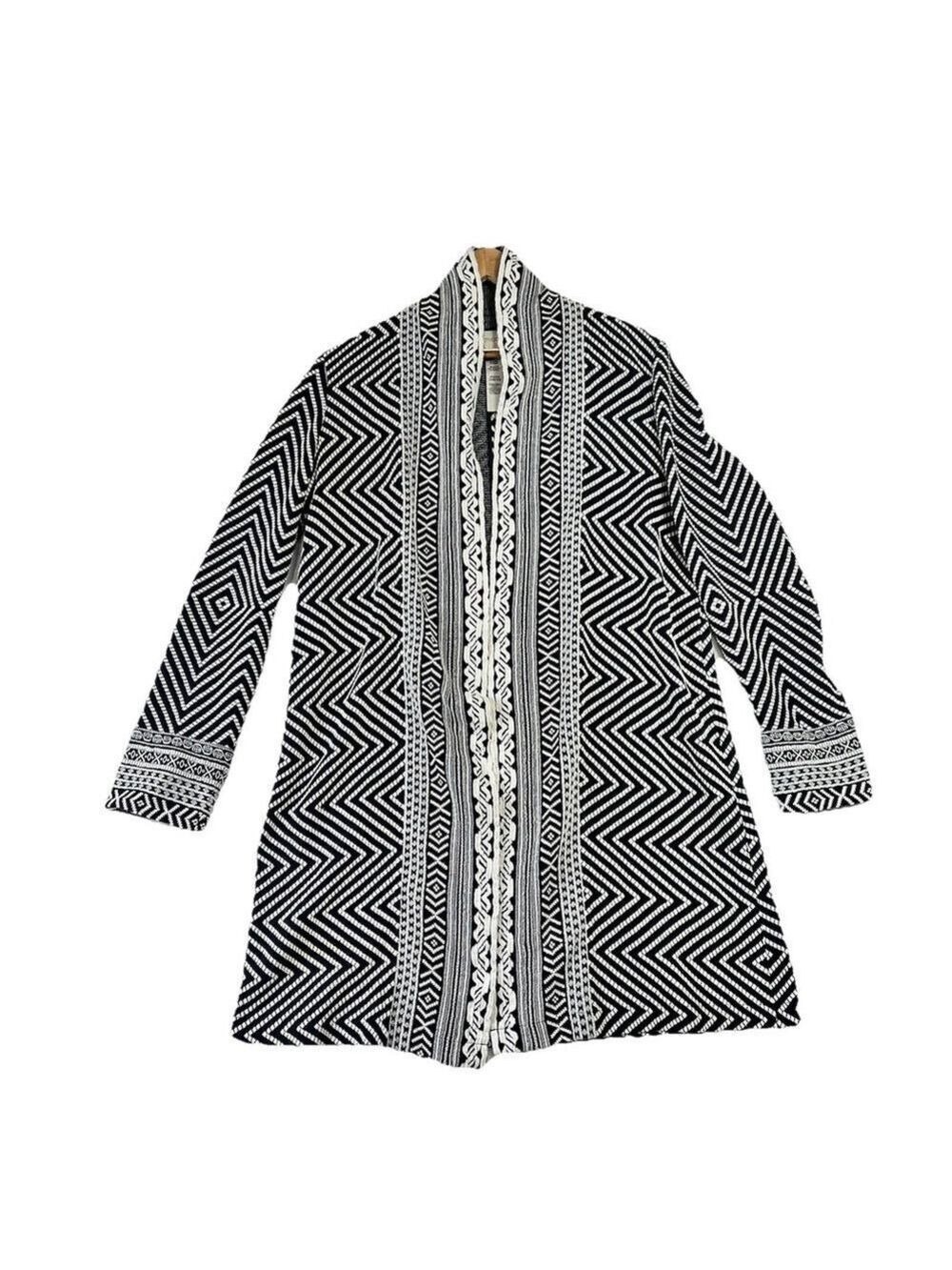 Chicos Jacquard Jacket Women Size 1 ( M) Black/White Geometric Abstract